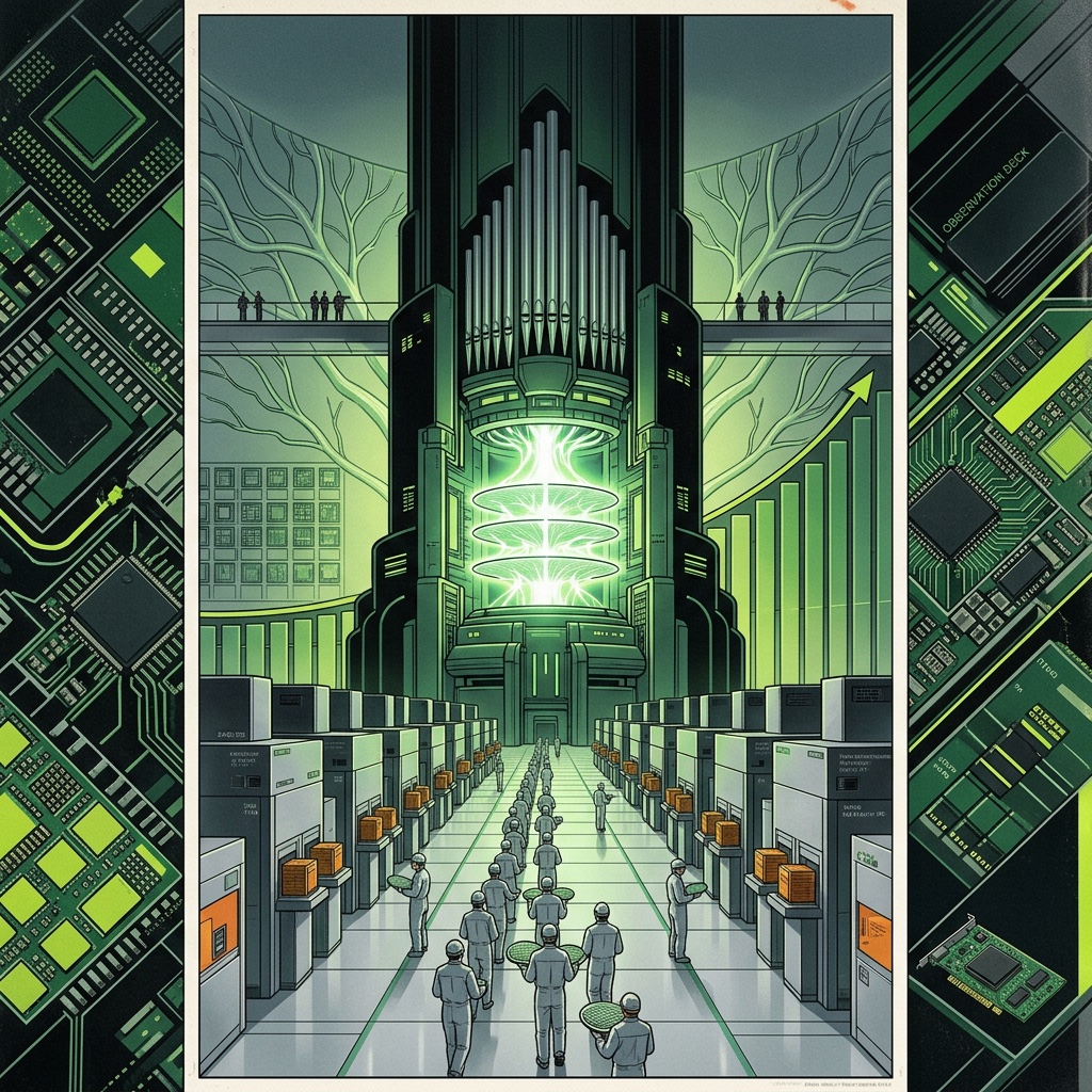 Green silicon data center illustrated as a technological cathedral