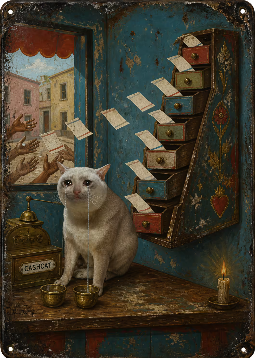 Cash Cat Chain Culture artwork: the pale tearful Cashcat tips a brass balance that opens nine receipt drawers in a painted tin retablo