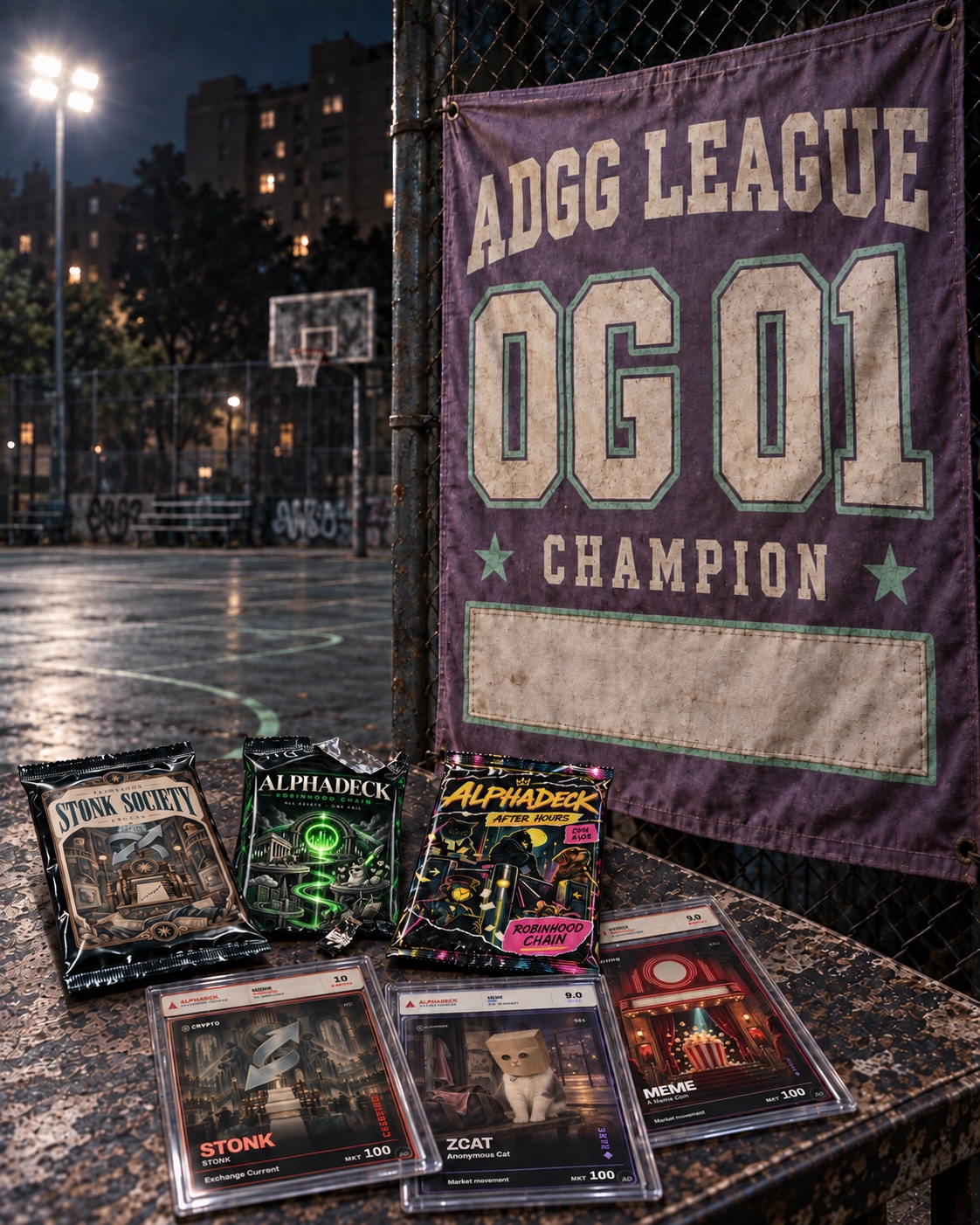 An empty night court. An OG 01 champion banner waits for its first name, with Stonk Society and Robinhood packs and sleeved cards on the scorer’s table.